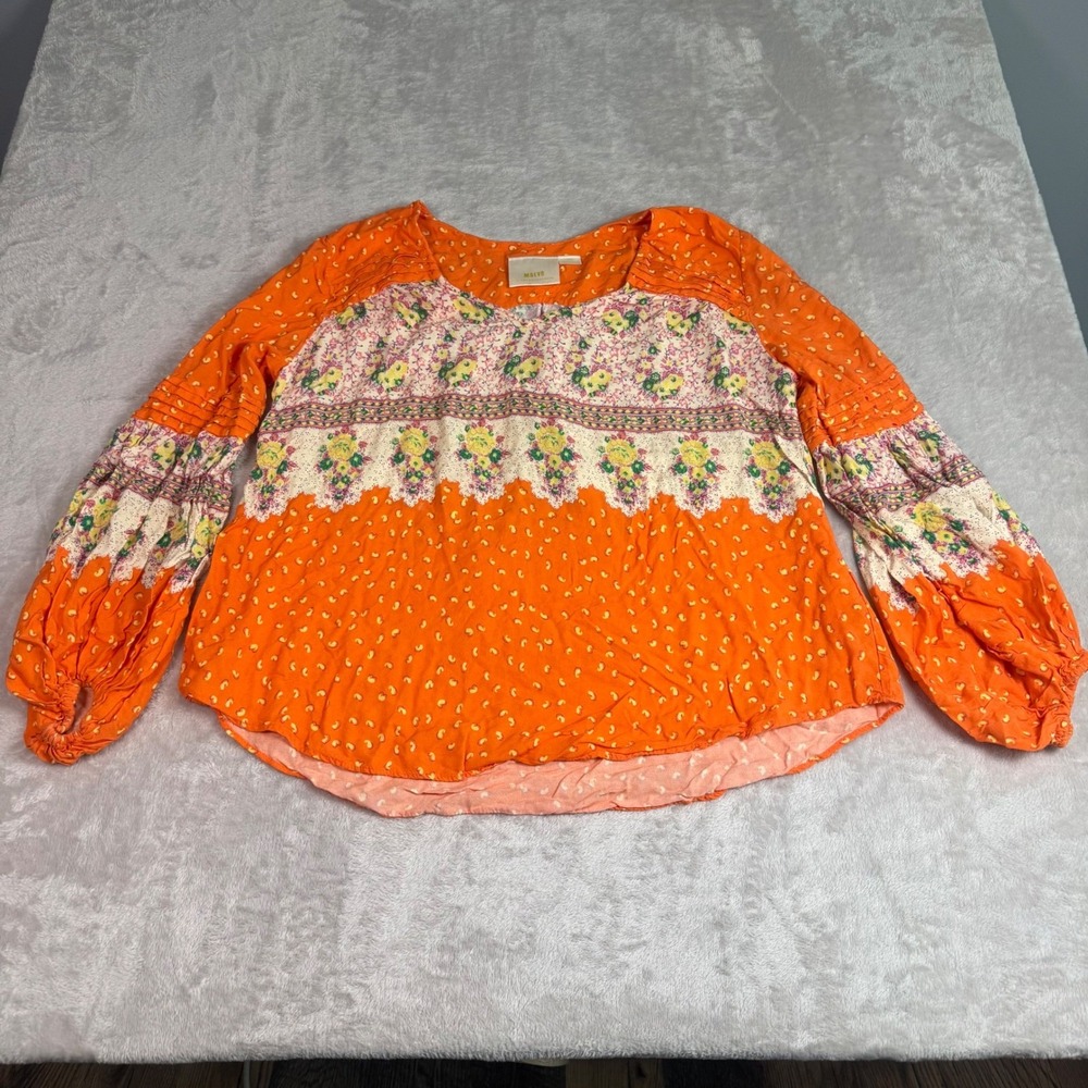 Maeve by Anthropologie Women Orange Floral Boho Balloon Sleeve Pleated Blouse L